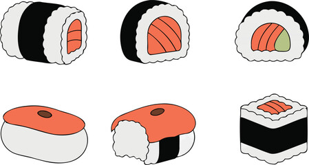 Set of assorted sushi rolls and nigiri sashimi pieces in flat vector illustration style © Sadhin07