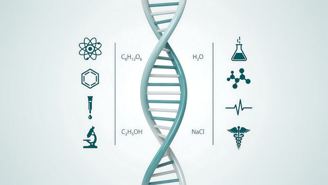 Dna double helix structure with chemical symbols