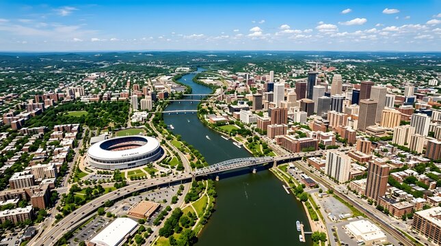 Aerial view of richmond virginia skyline with james river and stadium