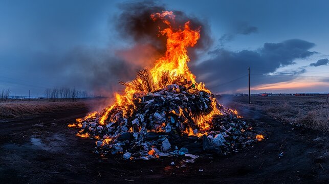 Burning pile of trash at dusk, creating a dramatic fiery scene.  Smoke billows from the intense flames