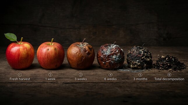 Apples arranged in a horizontal line demonstrate the progressive biological decomposition cycle starting from a freshly picked fruit to total organic matter decay on a dark rustic wooden background.