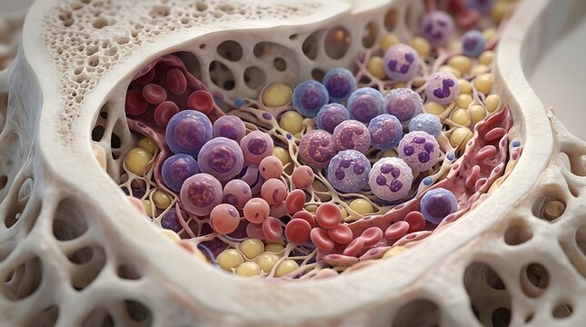 Microscopic view of bone marrow showing various blood cells and fatty tissue, a biological process