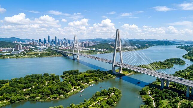 Changzhou yangtze river bridge aerial view with cityscape and lush greenery