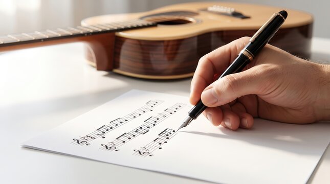 Person Writing Musical Notes on Sheet Music Paper With Acoustic Guitar Nearby