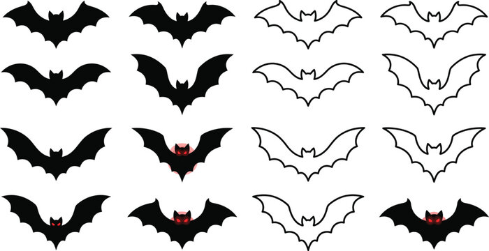 Halloween bats silhouette collection with red eyes flying during night with copy space for text