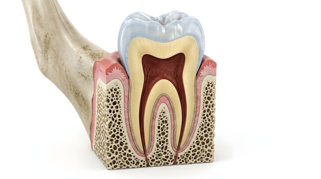 3D cross section of human tooth anatomy displaying enamel dentin pulp and bone structure
