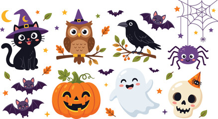 Naklejka premium Whimsical Halloween characters including a black cat owl raven and ghost with pumpkins and bats during autumn