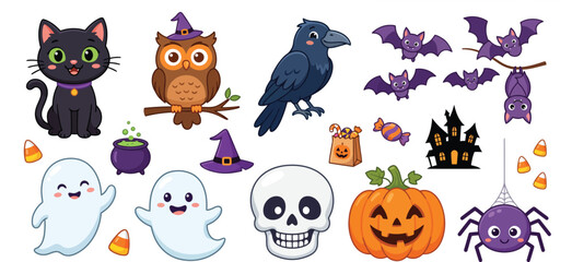 Fototapeta premium Whimsical Halloween illustrations with bats owls ghosts and pumpkins on a white background
