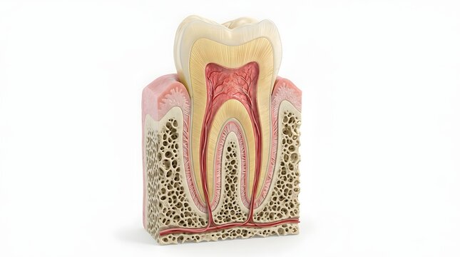 Detailed Anatomical Model of a Human Molar Tooth showing Cross Section of Root and Jawbone