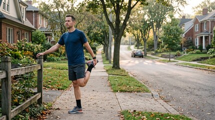 Fototapeta premium Man stretching quadriceps on sidewalk in suburban neighborhood during autumn