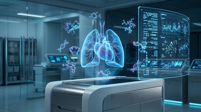 Visionary medical lab employing holographic projections of human organs and intricate data displays for advanced diagnostics and scientific discovery in the future of healthcare technology
