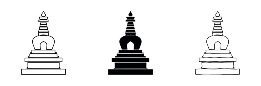 Collection of three stupa icons in outline, solid, and hand-drawn styles