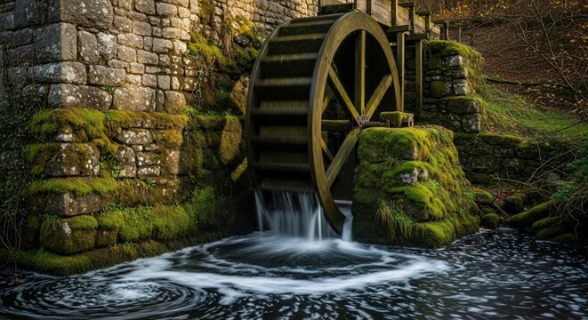 Historic Watermill with Moss Covered Water Wheel and Flowing Stream in Rustic Landscape