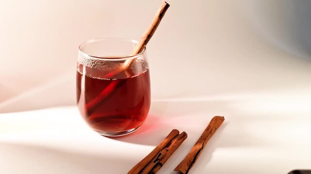 Warm herbal tea steeps with a cinnamon stick in a clear glass creating a cozy and aromatic beverage perfect for relaxation or a cold day
