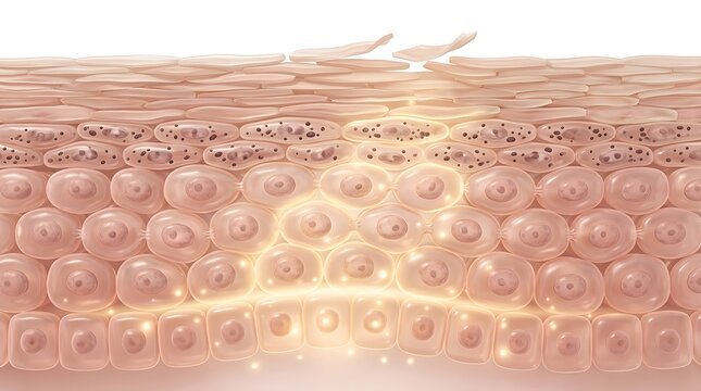 Close-up illustration depicting the layers of human skin with visible cells and glowing particles representing moisture or nutrients