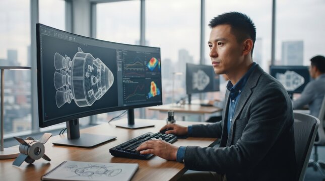Aerospace Engineer Working on 3D CAD Model of Spacecraft in Modern Office