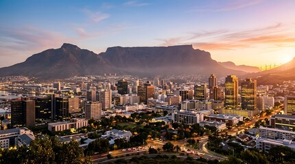 Obraz premium Cape town skyline at sunset with table mountain south africa