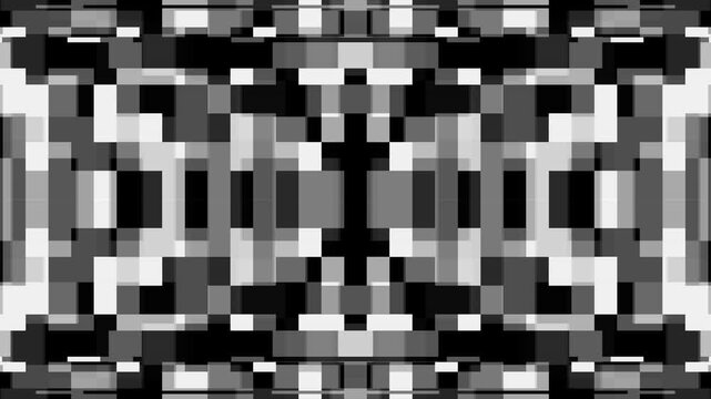 Monochrome Pixelated Pattern: A symmetrical, abstract digital art piece featuring a complex arrangement of monochrome squares and rectangles, creating a striking visual texture.