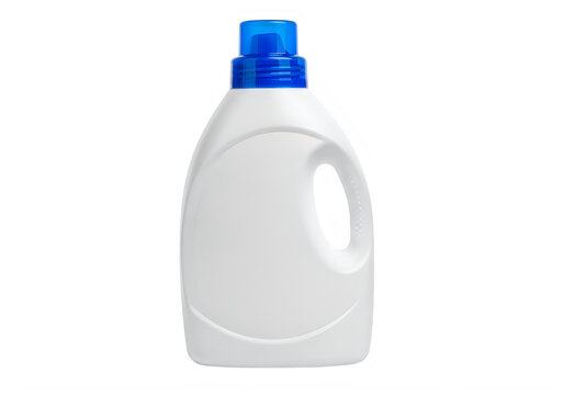 White detergent bottle with blue cap on shelf