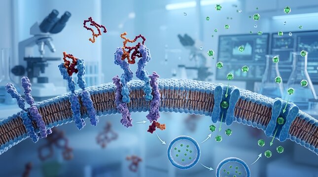 3D Visualization of Molecular Cell Membrane Protein Receptors and Intracellular Signaling Mechanisms in Scientific Research