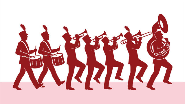 Red Marching Band Silhouettes Playing Musical Instruments Vector Illustration EPS 10.