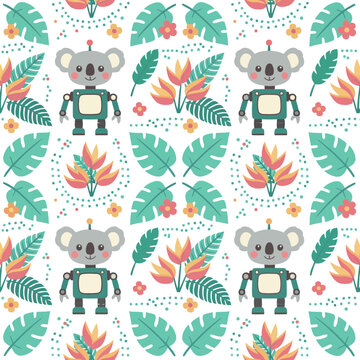 Cute robot koala pattern with tropical leaves and flowers