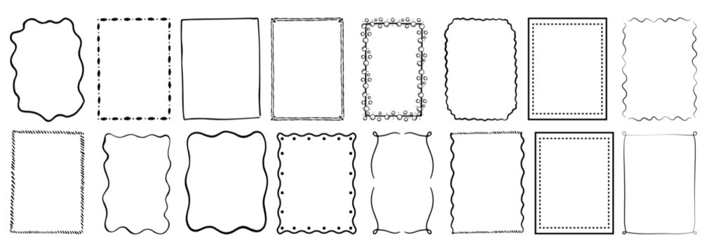  Doodle coastal frame set, hand drawn colorful border collection. Minimal hand drawn square arch and rectangle shapes kit. Elegant retro empty banner, poster, placard, postal stamp. Doodle frame decor