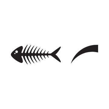 Fish skeleton and detached tail black silhouette on white background