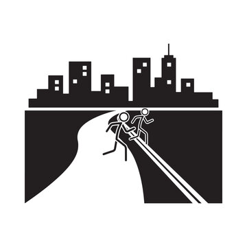 Cityscape And People Silhouette On A Zip Line Black And White