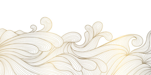 Luxury Japanese wave pattern with elegant golden line art, flowing sea curves, abstract water background. Nature wallpaper, packaging, wine labels, ocean posters, branding ornament © marylia17