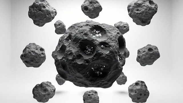 Floating asteroids and spheres on white background
