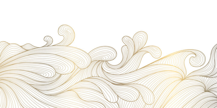 Luxury Japanese wave pattern with elegant golden line art, flowing sea curves, abstract water background. Nature wallpaper, packaging, wine labels, ocean posters, branding ornament