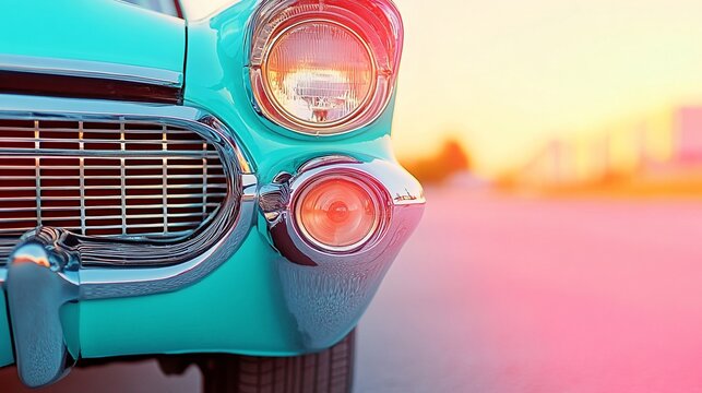 Close-up of vintage teal-colored car's front end at sunset.  Chrome grill, headlights, and bumper details are visible