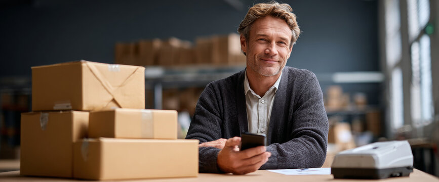 Smiling middle-aged man holding smartphone sitting at table with stacked cardboard boxes in warehouse or shipping environment
