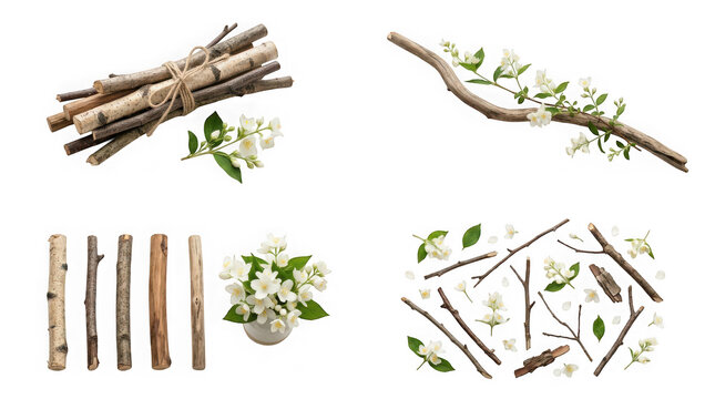 Collection of wooden sticks and jasmine flowers arranged on a white background style