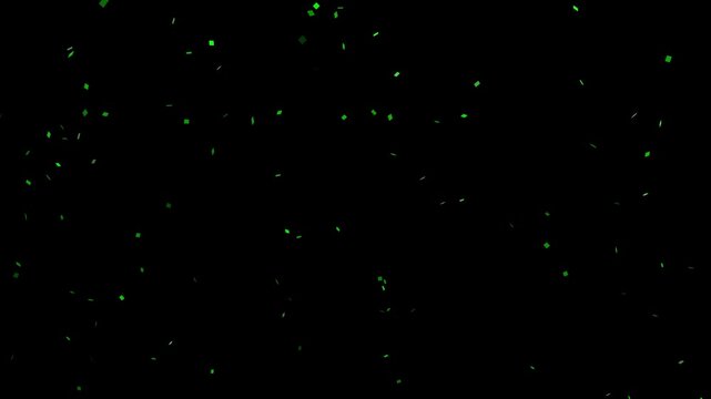 Falling shiny green confetti isolated on transparent video black background. Bright festive tinsel color