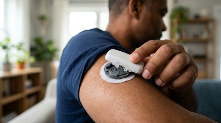 Fototapeta premium CGM transmitter being snapped into its sensor base on a person's arm, fine mechanical snap-fit connection visible under raking light - continuous glucose monitor base, diabetes technology