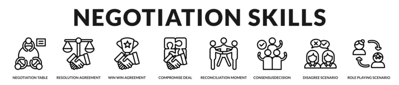 Negotiation skills collection showcasing constructive agreements, consensus building, and collaborative conflict resolution in professional environments in Lineal Icon Style