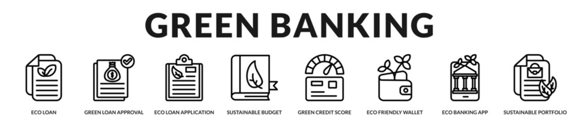 Fototapeta premium Green banking collection featuring eco loans, sustainable budgeting, digital banking services, and environmentally responsible financial products in Lineal Icon Style