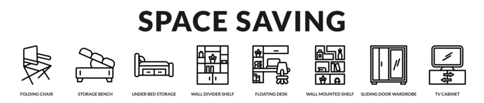 Space saving furniture collection designed for compact homes with smart storage, multifunctional furniture, and organized living in Lineal Icon Style