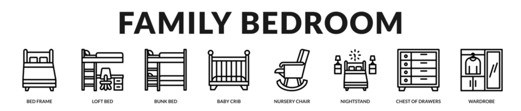 Family bedroom furniture collection featuring nursery essentials, versatile beds, storage solutions, and comfortable furnishings for every stage of family life in Lineal Icon Style