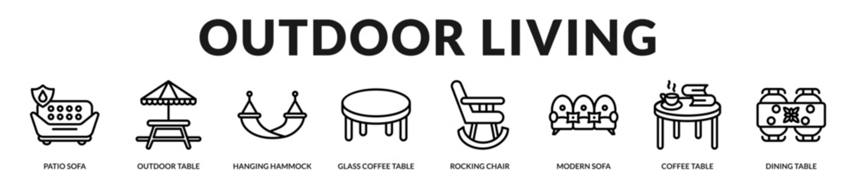 Outdoor living furniture collection featuring patio seating, hammocks, tables, and relaxing spaces for modern residential environments in Lineal Icon Style