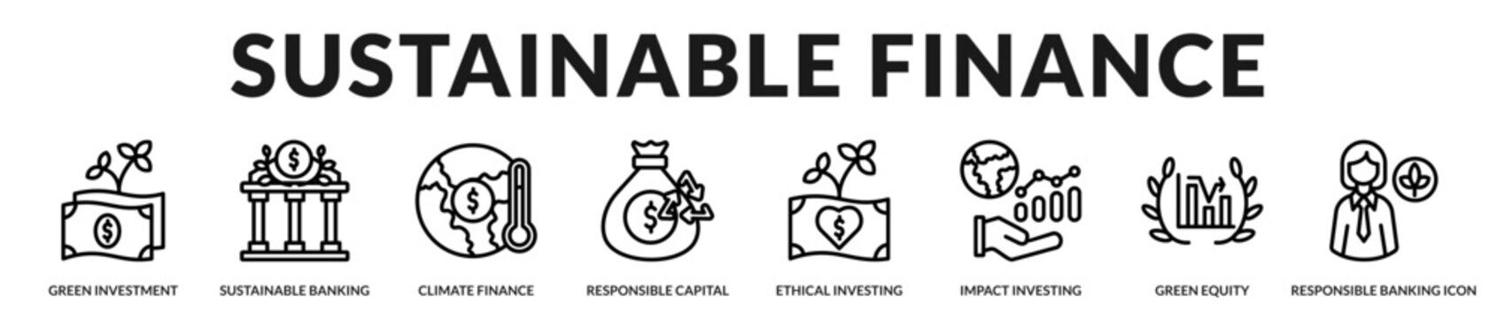 Sustainable finance collection featuring responsible investments, ethical banking, climate funding, and long term financial growth strategies in Lineal Icon Style
