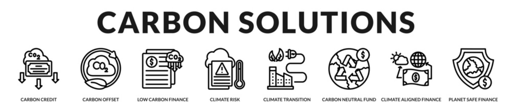 Carbon finance collection highlighting emissions reduction, climate risk management, and sustainable investment strategies for environmental responsibility in Lineal Icon Style