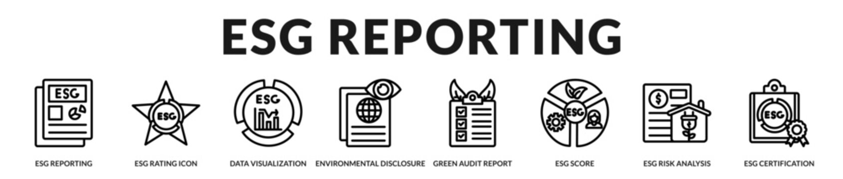 ESG reporting collection illustrating sustainability disclosure, compliance monitoring, corporate governance, and responsible business performance in Lineal Icon Style