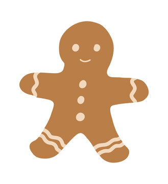 Minimal flat vector illustration of a smiling gingerbread man cookie with icing decoration in Scandinavian style. Cozy festive dessert isolated on light background, perfect for Christmas baking themes