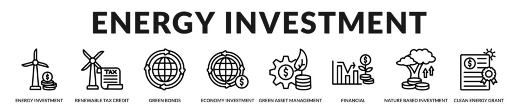 Renewable energy investment collection featuring green funding, sustainable assets, tax incentives, and clean energy financing solutions in Lineal Icon Style