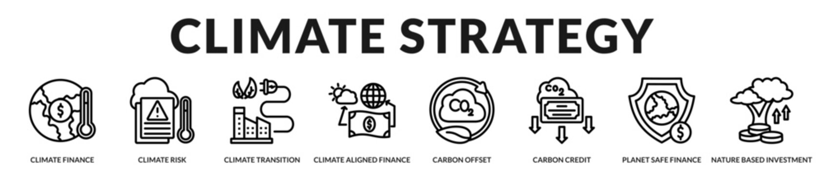 Climate strategy collection featuring carbon reduction, sustainable finance, environmental risk assessment, and nature based investment solutions in Lineal Icon Style