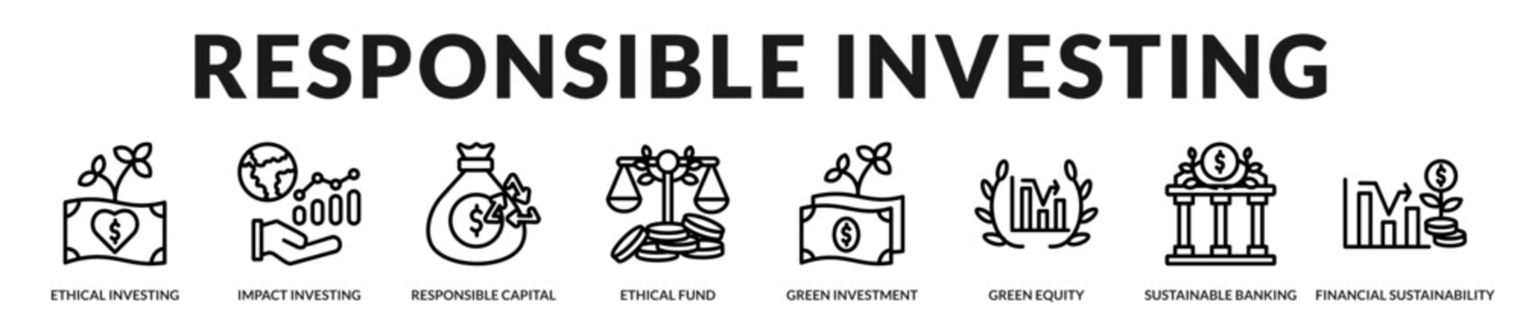 Responsible investing collection showcasing ethical finance, sustainable capital allocation, and long term investment opportunities for environmentally conscious markets in Lineal Icon Style