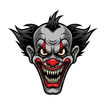 Scary demonic clown head with glowing red eyes and fangs